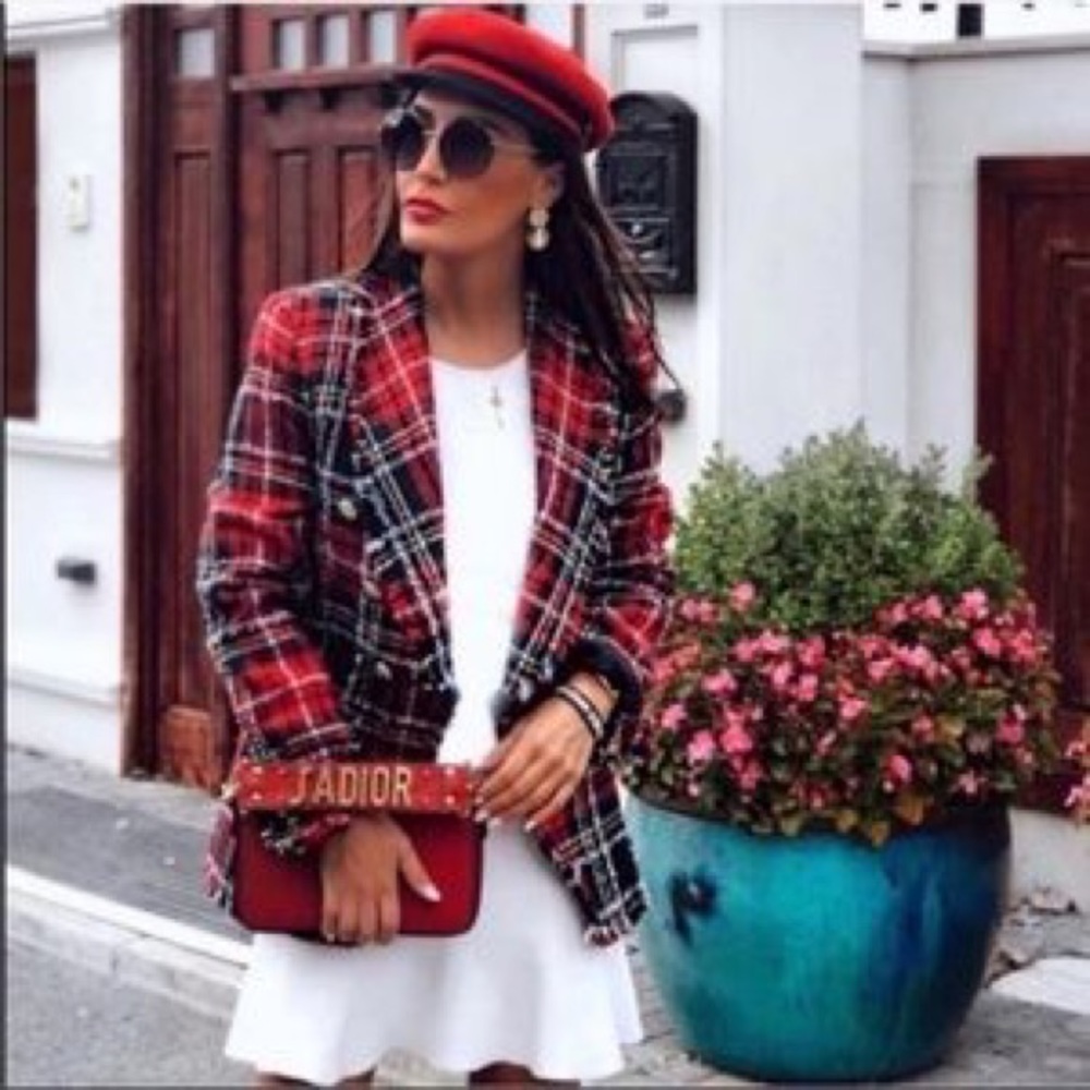 ZARA Red & Blue Plaid Tweed Textured Blazer size M